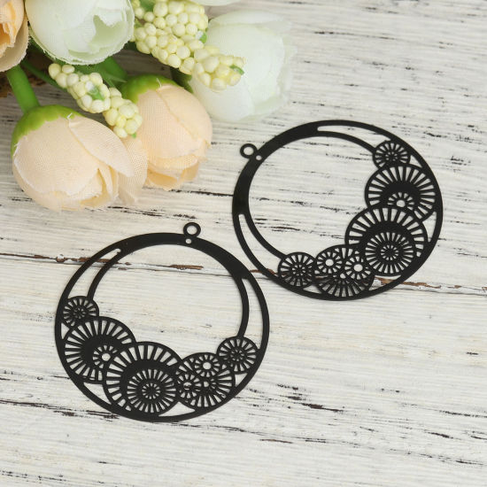 Immagine di Ottone Filigree Stamping Ciondoli Nero Tondo Ingranaggio 42mm x 39mm, 10 Pz