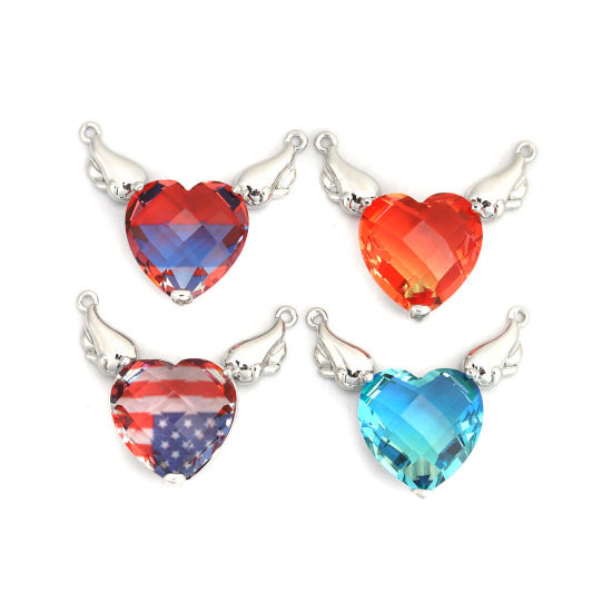 Picture of Brass & Glass Connectors Heart Silver Tone Multicolor Wing 29mm x 26mm, 1 Piece