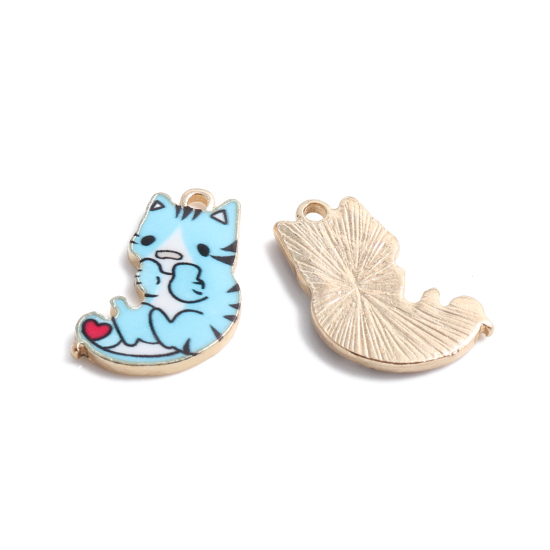 Immagine di 10 Pz Lega di Zinco Ciondoli Oro Placcato Blu Gatto Smalto 21mm x 13mm