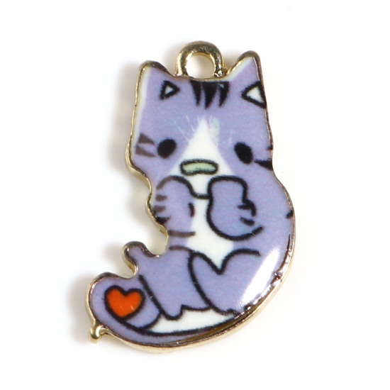 Immagine di Lega di Zinco Charms Gatto Oro Placcato Colore Viola Smalto 21mm x 13mm , 10 Pz