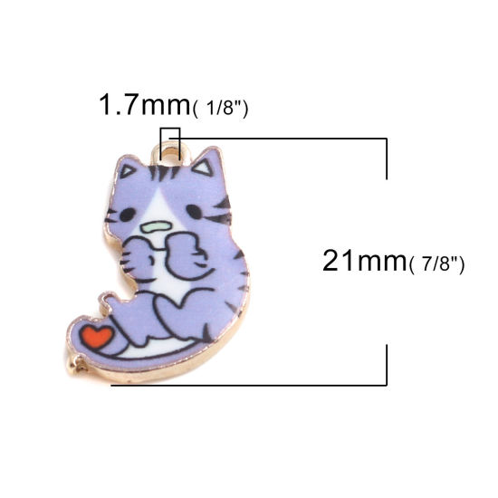 Immagine di Lega di Zinco Charms Gatto Oro Placcato Colore Viola Smalto 21mm x 13mm , 10 Pz