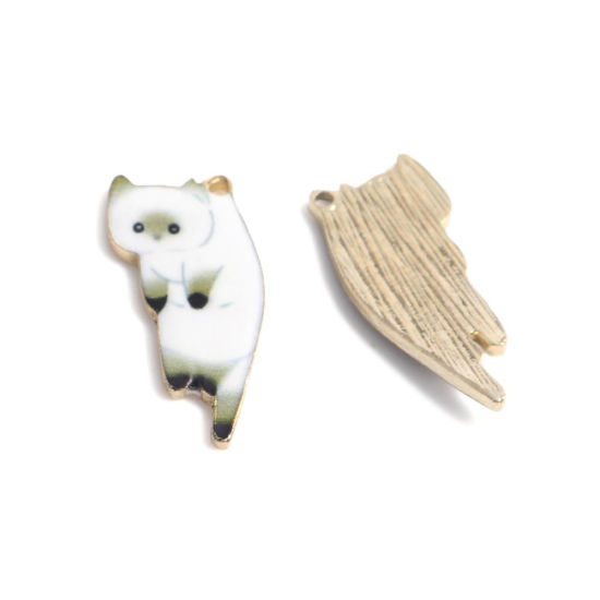 Immagine di Lega di Zinco Charms Gatto Oro Placcato Bianco Smalto 25mm x 11mm , 10 Pz
