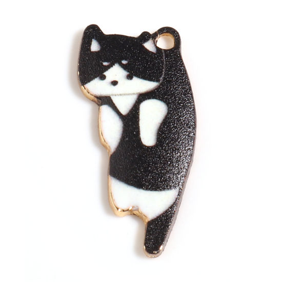 Immagine di Lega di Zinco Charms Gatto Oro Placcato Nero & Bianco Smalto 25mm x 11mm , 10 Pz