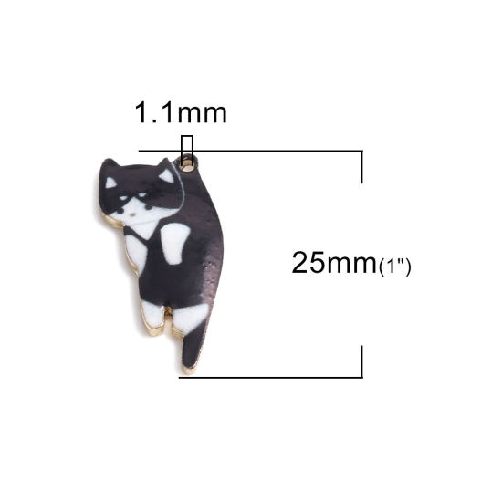 Immagine di Lega di Zinco Charms Gatto Oro Placcato Nero & Bianco Smalto 25mm x 11mm , 10 Pz