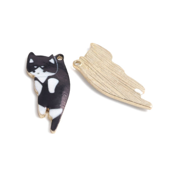 Immagine di Lega di Zinco Charms Gatto Oro Placcato Nero & Bianco Smalto 25mm x 11mm , 10 Pz