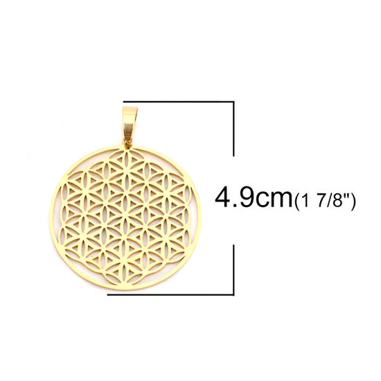 ステンレス鋼 ペンダント 円形 金メッキ 生命の花 透かし 4.9cm x 3.8cm、 1 個 の画像