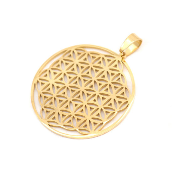ステンレス鋼 ペンダント 円形 金メッキ 生命の花 透かし 4.9cm x 3.8cm、 1 個 の画像