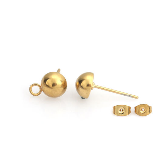 Picture of 304 Stainless Steel Ear Post Stud Earrings Round Gold Plated W/ Loop 9mm x 6mm, Post/ Wire Size: (21 gauge), 10 PCs