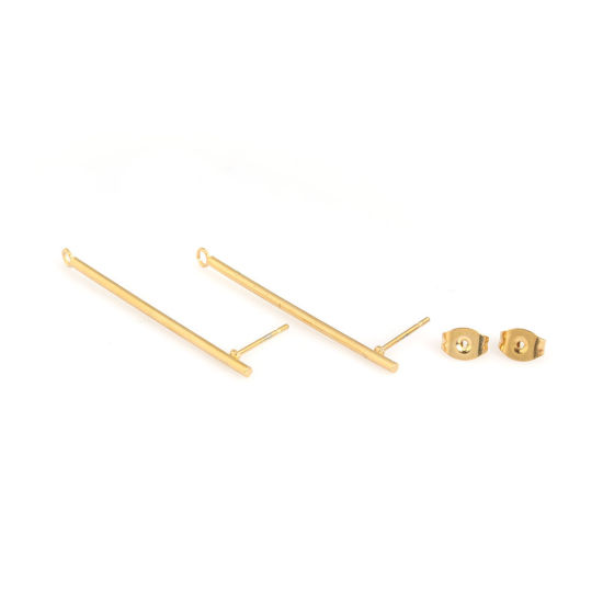 Picture of 10 PCs 304 Stainless Steel Ear Post Stud Earrings Strip Gold Plated With Loop 4.3cm x 0.3cm, Post/ Wire Size: (20 gauge)
