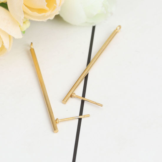 Picture of 10 PCs 304 Stainless Steel Ear Post Stud Earrings Strip Gold Plated With Loop 4.3cm x 0.3cm, Post/ Wire Size: (20 gauge)