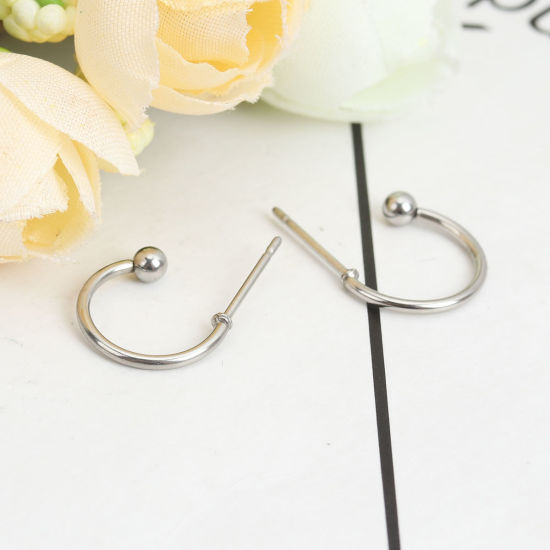 Picture of 304 Stainless Steel Ear Post Stud Earrings Circle Ring Silver Tone 18mm x 3mm, Post/ Wire Size: (20 gauge), 5 Pairs