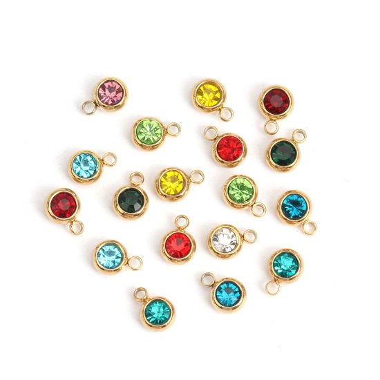 Image de Breloques en 304 Acier Inoxydable & Verre Rond Doré Couleur au Hasard A Facettes 8mm x 6mm , 10 Pcs