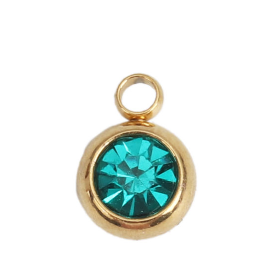 Image de Breloques en 304 Acier Inoxydable & Verre Rond Doré Bleu-Vert A Facettes 8mm x 6mm , 10 Pcs