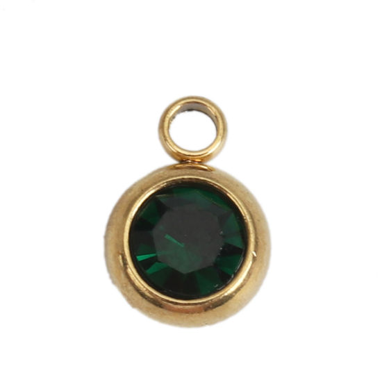 Image de Breloques en 304 Acier Inoxydable & Verre Rond Doré Vert Foncé A Facettes 8mm x 6mm , 10 Pcs