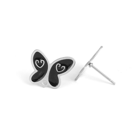 Picture of 304 Stainless Steel Ear Post Stud Earrings Butterfly Animal Silver Tone Black Enamel W/ Loop 15mm x 12mm, Post/ Wire Size: (20 gauge), 6 PCs