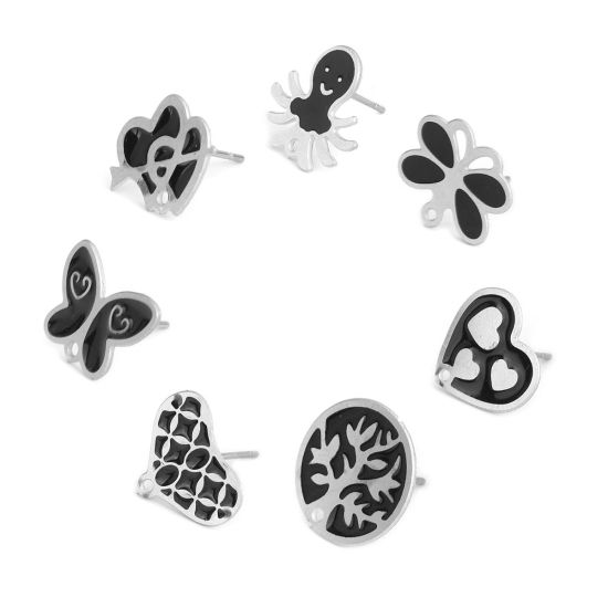 Picture of 304 Stainless Steel Ear Post Stud Earrings Butterfly Animal Silver Tone Black Enamel W/ Loop 15mm x 12mm, Post/ Wire Size: (20 gauge), 6 PCs