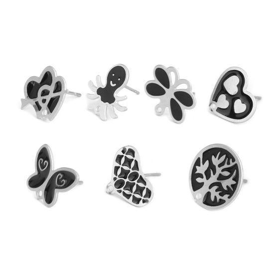 Picture of 304 Stainless Steel Ear Post Stud Earrings Butterfly Animal Silver Tone Black Enamel W/ Loop 15mm x 12mm, Post/ Wire Size: (20 gauge), 6 PCs