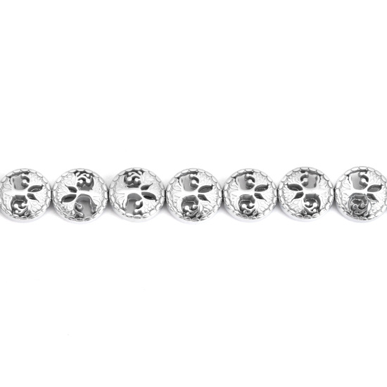 (グレードB) ヘマタイト ( 天然 ) ビーズ フラットラウンド シルバー ツリーパターン 約 12mm 直径、 穴: 約 1.2mm、 42cm - 41cm 長さ、 1 連 (約 32 粒/1連) の画像