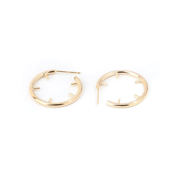Image de 4 Pcs Boucles d'Oreilles Créoles en Laiton & Argent Pur Plaqué Or Véritable 18K Annulaire Avec Épingle à Bélière en Perles 28mm x 25mm, Epaisseur de Fil: 0.8mm(taille 20)