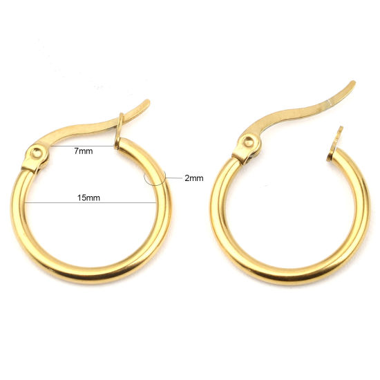 Imagen de 2 Unidades Enchapado al Vacío 304 Acero Inoxidable Aretes de Aro Chapado en Oro Anillo 19mm Dia.