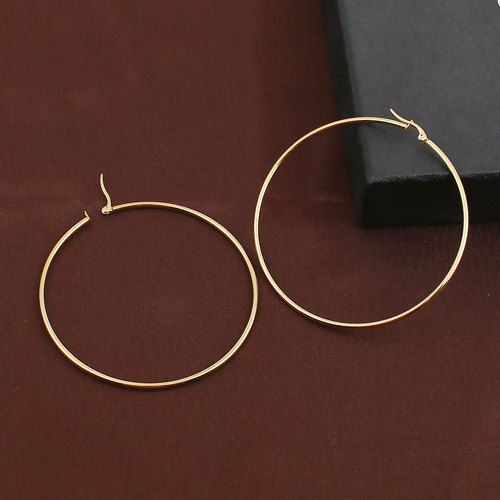 Imagen de 2 Unidades Enchapado al Vacío 304 Acero Inoxidable Aretes de Aro Chapado en Oro Anillo 19mm Dia.