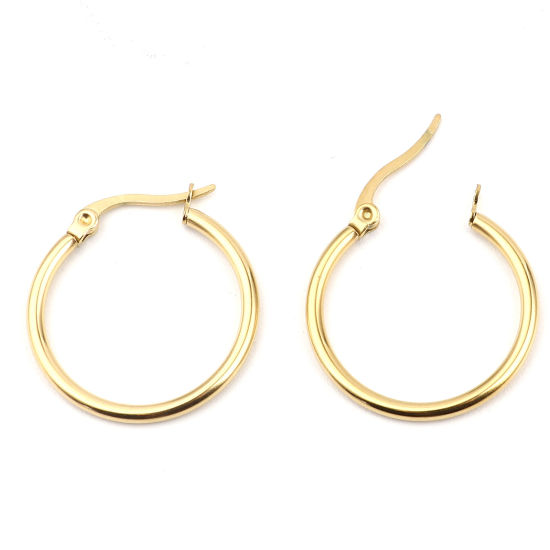 Imagen de 2 Unidades Elegante Sencillo Chapado en Oro 304 Acero Inoxidable Anillo Pendientes de Aro Para Mujeres Regalo 24mm Dia., Tamaño del Poste/Cable: 1mm(18 gauge)