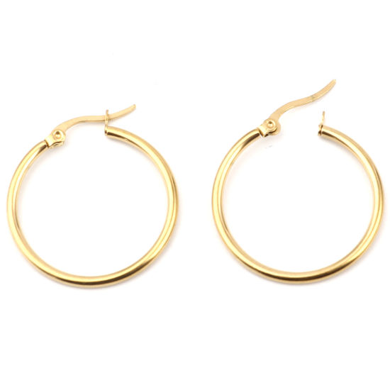 Imagen de 2 Unidades Elegante Sencillo Chapado en Oro 304 Acero Inoxidable Anillo Pendientes de Aro Para Mujeres Regalo 29mm Dia., Tamaño del Poste/Cable: 1mm(18 gauge)