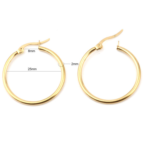Imagen de 2 Unidades Elegante Sencillo Chapado en Oro 304 Acero Inoxidable Anillo Pendientes de Aro Para Mujeres Regalo 29mm Dia., Tamaño del Poste/Cable: 1mm(18 gauge)