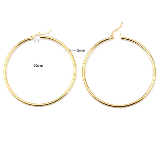 Imagen de 2 Unidades Elegante Sencillo Chapado en Oro 304 Acero Inoxidable Anillo Pendientes de Aro Para Mujeres Regalo 5.4cm Dia., Tamaño del Poste/Cable: 1mm(18 gauge)