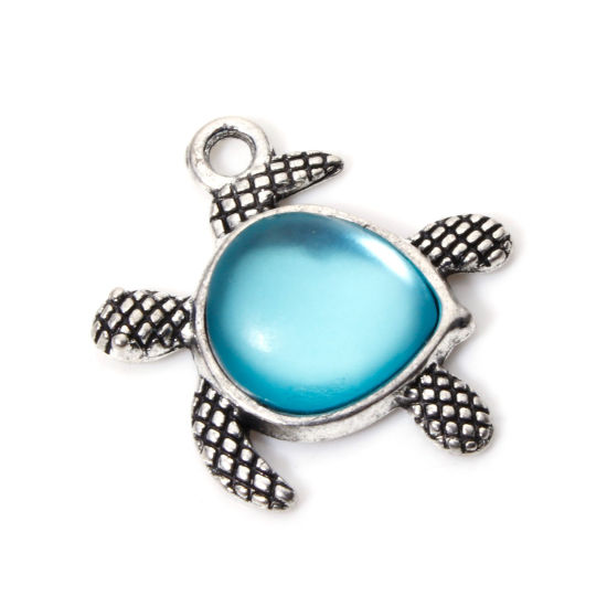 Picture of Zinc Based Alloy Sea Glass Charms Sea Turtle Animal Antique Silver Color Blue 21mm( 7/8") x 20mm( 6/8"), 5 PCs