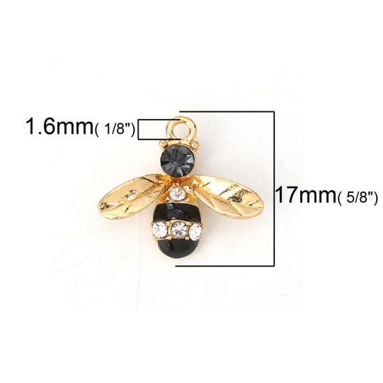 Picture of Zinc Based Alloy Charms Bee Animal Gold Plated Black Clear Rhinestone Enamel 17mm( 5/8") x 15mm( 5/8"), 10 PCs
