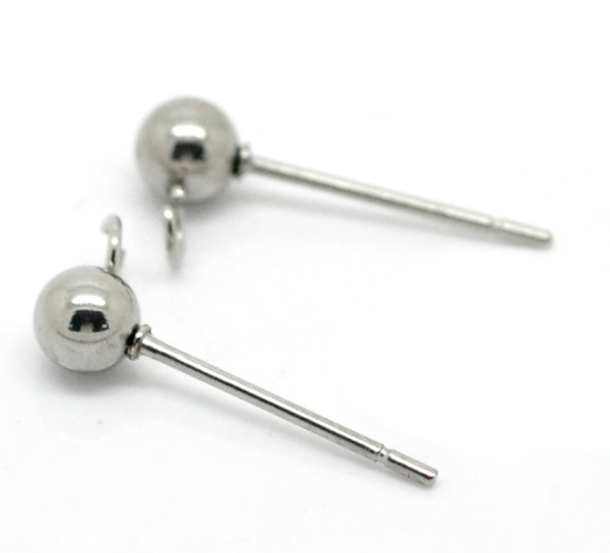Picture of 304 Stainless Steel Ear Post Stud Earrings Findings Ball Silver Tone W/ Loop 16mm( 5/8") x 7mm( 2/8"), Post/ Wire Size: (21 gauge), 20 PCs