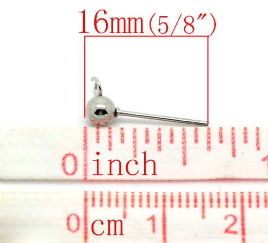 Picture of 304 Stainless Steel Ear Post Stud Earrings Findings Ball Silver Tone W/ Loop 16mm( 5/8") x 7mm( 2/8"), Post/ Wire Size: (21 gauge), 20 PCs