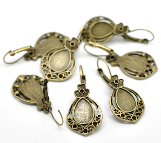Image de Boucles d'Oreilles Clips Supports à Cabochons en Laiton Forme Goutte d'eau Bronze Antique (Cabochon Rapportable 14mm x 10mm) 4.3cm x 2cm, Epaisseur de Fil: (20 gauge), 10 Pcs