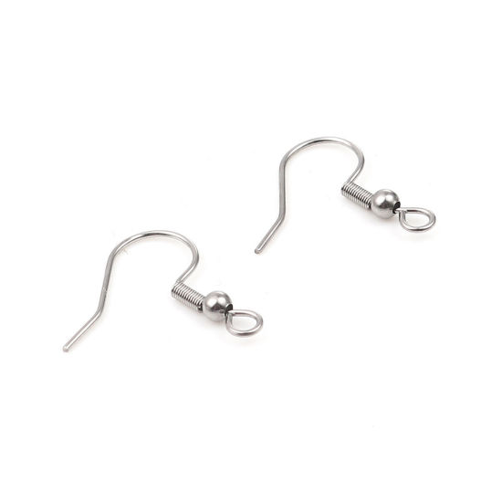 Picture of 304 Stainless Steel Ear Wire Hooks Earring Findings Silver Tone 22mm x 20mm, Post/ Wire Size: (21 gauge), 300 PCs