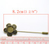 Picture of Brass Stick Pin Brooches Findings Flower Antique Bronze Cabochon Settings (Fits 12mm Dia.) 8.2cm(3 2/8") x 2.6cm(1"), 10 PCs
