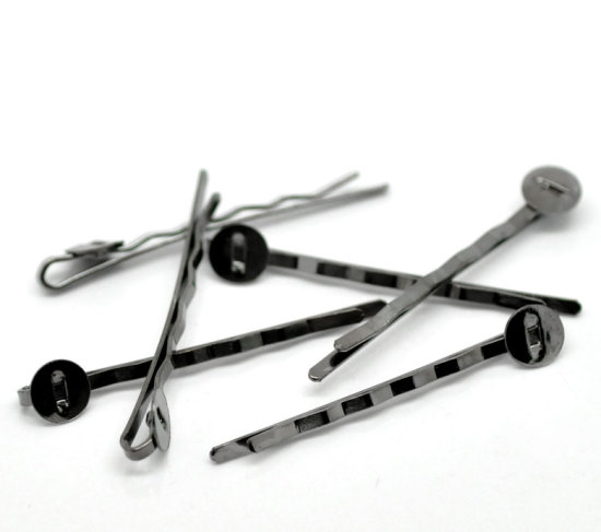 鉄系合金 ヘアクリップ 円形 ガンメタル リップル柄 台座付き 8mm 50mm x 8mm、 50 個 の画像