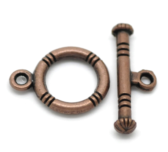 Image de Fermoir Toggle en Alliage de Zinc Rond Cuivre Rouge Antique Rayées Gravé 16mm x 12mm 20mm x 7mm, 50 Kits