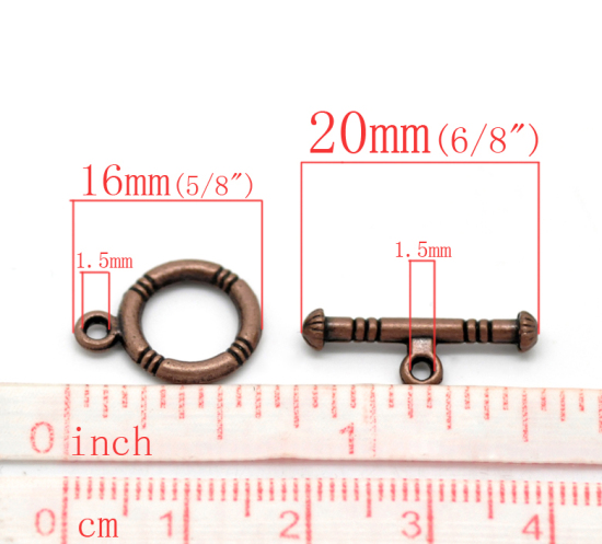 Image de Fermoir Toggle en Alliage de Zinc Rond Cuivre Rouge Antique Rayées Gravé 16mm x 12mm 20mm x 7mm, 50 Kits