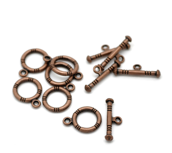 Image de Fermoir Toggle en Alliage de Zinc Rond Cuivre Rouge Antique Rayées Gravé 16mm x 12mm 20mm x 7mm, 50 Kits