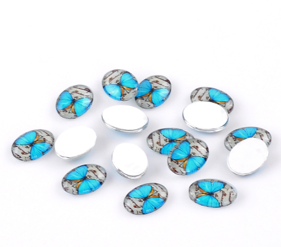 Picture of Glass Dome Seals Cabochons Oval Flatback Sky Blue Butterfly Pattern 18mm( 6/8") x 13mm( 4/8"), 30 PCs