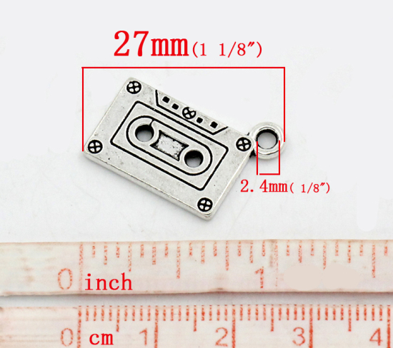 亜鉛合金 チャームペンダント カセットテープ 銀古美 27.0mm x 13.0mm、 20 PCs  の画像