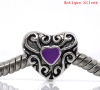 Picture of Zinc Metal Alloy European Style Large Hole Charm Beads Heart Antique Silver Color Pattern Carved Purple Enamel About 12mm x 11mm, Hole: Approx 4.7mm, 20 PCs