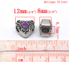Picture of Zinc Metal Alloy European Style Large Hole Charm Beads Heart Antique Silver Color Pattern Carved Purple Enamel About 12mm x 11mm, Hole: Approx 4.7mm, 20 PCs