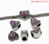 Picture of Zinc Metal Alloy European Style Large Hole Charm Beads Heart Antique Silver Color Pattern Carved Purple Enamel About 12mm x 11mm, Hole: Approx 4.7mm, 20 PCs