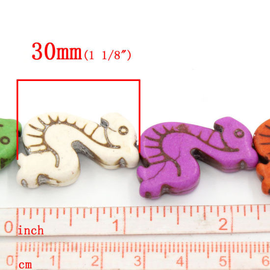 オーシャンアクセサリー (グレードD) 模造 ターコイズ ビーズ シーホース  ランダムな色 約 30mm x 18mm、 穴：約 2mm、 36cm 長さ、 1 連 （約 13PCS /一連） の画像