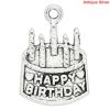 Picture of Zinc Based Alloy Charms Cake Antique Silver Color Message "Happy Birthday" Carved 22mm x 15mm( 7/8"x 5/8"), 30 PCs