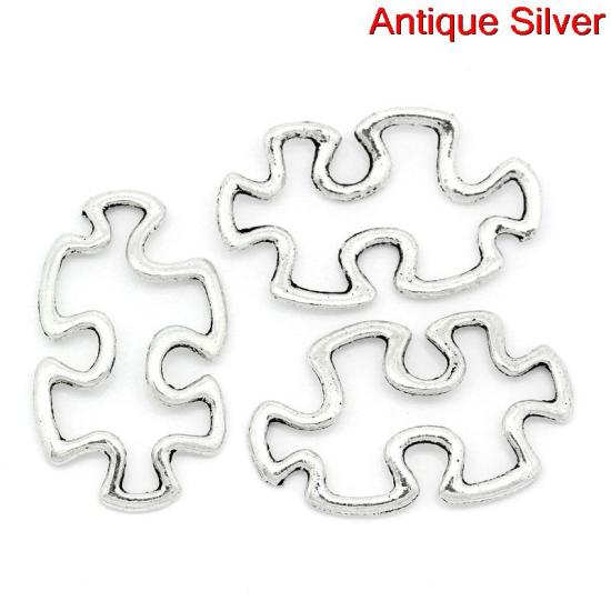 Picture of Connectors Findings Autism Puzzle Piece Antique Silver Color Hollow 30x18mm,50PCs