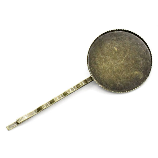 2 個 真鍮 ヘアクリップ 銅古美 円形 リップル 台座付 (適応サイズ： 25mm) 64mm x 26mm、 の画像