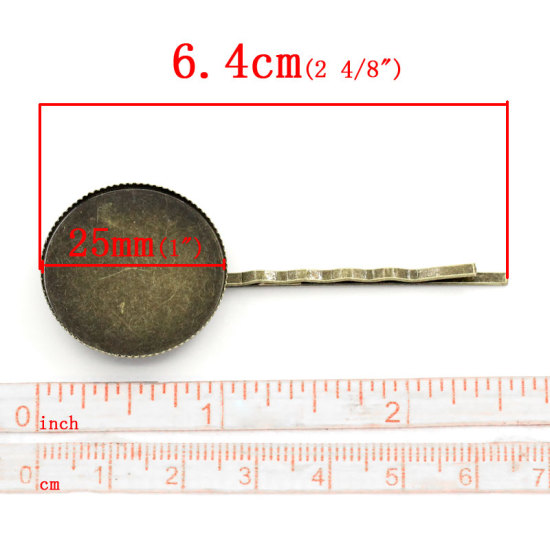 2 個 真鍮 ヘアクリップ 銅古美 円形 リップル 台座付 (適応サイズ： 25mm) 64mm x 26mm、 の画像